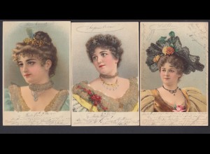 3 Ansichtskarten schöne Frauen erhaben mit Glitter gestempelt 1900 