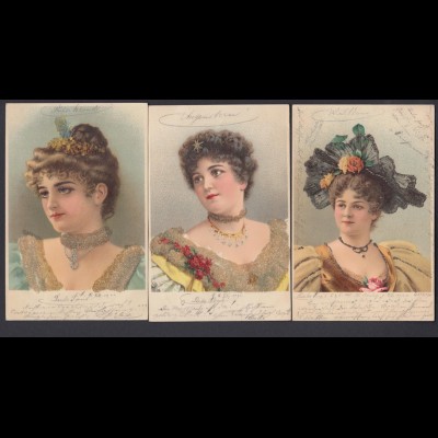 3 Ansichtskarten schöne Frauen erhaben mit Glitter gestempelt 1900 