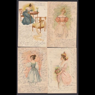4 alte Ansichtskarten schöne Frauen gestempelt 1902