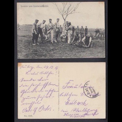 Ansichtskarte Soldaten beim Hammelschlachten gestempelt 1914
