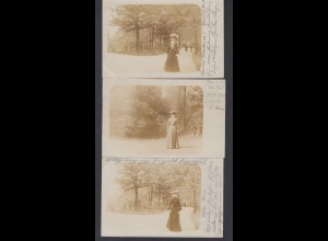 3 Ansichtskarten schöne Frauen mit Hut im Park 1903, 1x nicht gelaufen