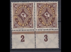 Deutsches Reich 208 Unterrand senkrechtes Paar Posthorn zweifarbig 30 M **