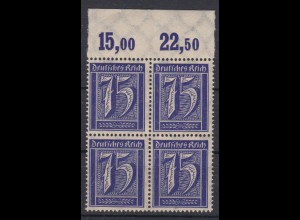 Deutsches Reich 185 mit Oberrand 4er Block Ziffern 75 Pf postfrisch /1