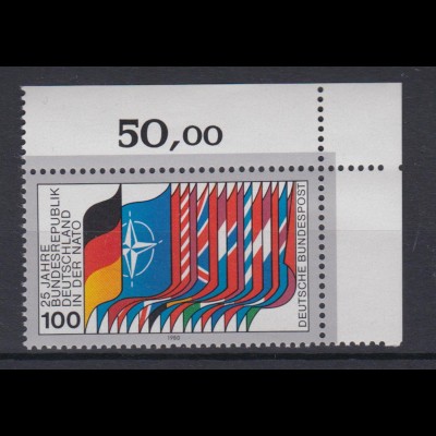 Bund 1034 Eckrand rechts oben 25 Jahre Zugehörigkeit zur NATO 100 Pf postfrisch