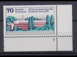 Bund 976 Eckrand rechts unten mit FN 2 Bundeshaus Bonn 70 Pf postfrisch