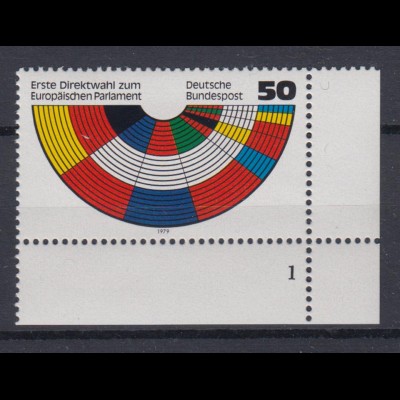 Bund 1002 Eckrand rechts unten mit FN 1 Europäisches Parlament 50 Pf postfrisch