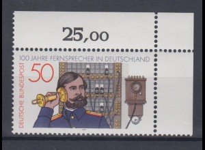 Bund 947 Eckrand rechts oben 100 Jahre Telefon in Deutschland 50 Pf postfrisch