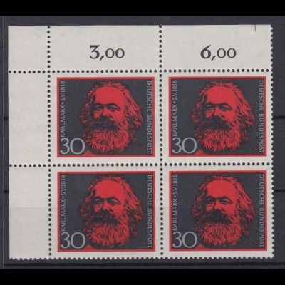 Bund 558 Eckrand links oben 4er Block 150. Geburtstag v. Karl Marx 30 Pf **