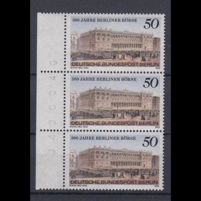 Berlin 740 Bogenrandzudruck im Seitenrand 3er Streifen Berliner Börse 50 Pf **