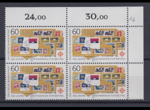 Bund 1395 II Plattenfehler Eckrand 4er Block Briefmarken für Bethel 60 Pf **