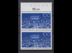 Bund 1422 Paar mit Oberrand und Bogennummer 40 Jahre Europarat 100 Pf **