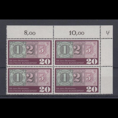 Bund 482 Eckrand rechts oben 4er Block 125 Jahre Briefmarken 20 Pf postfrisch /2