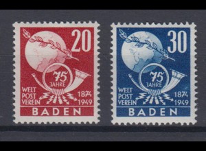 Französische Zone Baden 56-57 75 Jahre Weltpostverein 20 + 30 Pf ** 