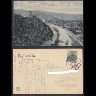 Ansichtskarte Burg Lahneck und Niederlahnstein gestempelt 1914