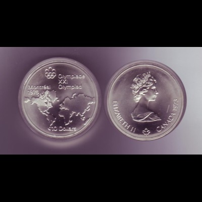 Silbermünze Kanada 10 Dollars Olympiade Montreal 1976 Weltkarte stempelglanz