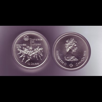 Silbermünze Kanada 10 Dollars Olympiade Montreal 1976 Lacrosse stempelglanz