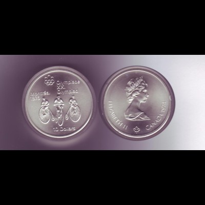 Silbermünze Kanada 10 Dollars Olympiade Montreal 1976 Radfahrer stempelglanz