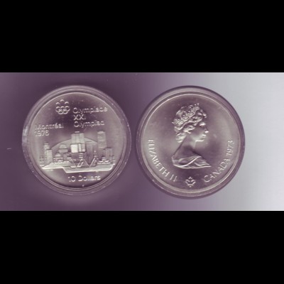 Silbermünze Kanada 10 Dollars Olympiade Montreal 1976 Skyline stempelglanz