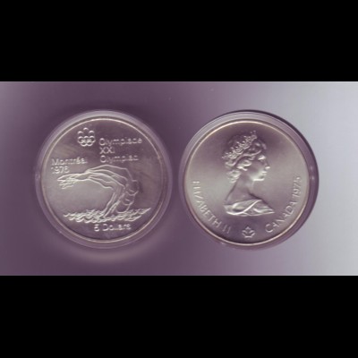 Silbermünze Kanada 5 Dollars Olympiade Montreal 1976 Turmspringen stempelglanz