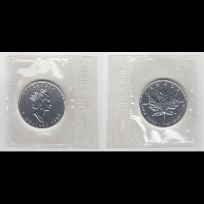 Silbermünze 1 OZ Kanada 5 Dollar 1990 Maple Leaf original eingeschweißt