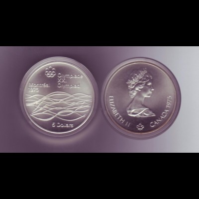 Silbermünze Kanada 5 Dollars Olympiade Montreal 1976 Schwimmer stempelglanz