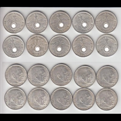 Silbermünzen 10 Stück 2 RM Hindenburg 1938 B Jäger Nr. 366/1