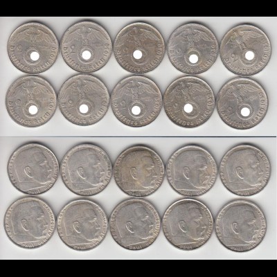 Silbermünzen 10 Stück 2 RM Hindenburg 1939 B Jäger Nr. 366/1