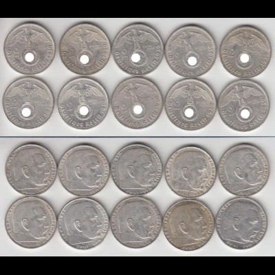 Silbermünzen 10 Stück 2 RM Hindenburg 1939 A Jäger Nr. 366/1