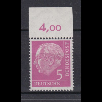 Bund 179 mit Oberrand Plattendruck Theodor Heuss 5 Pf postfrisch 