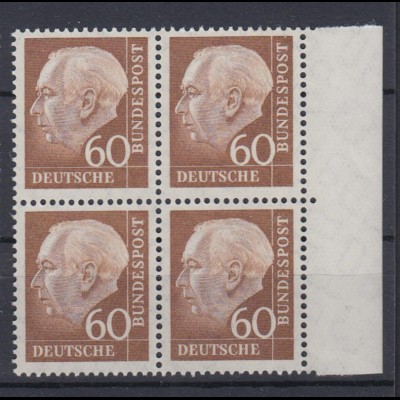 Bund 262 xw 4er Block mit Seitenrand rechts Theodor Heuss 60 Pf postfrisch