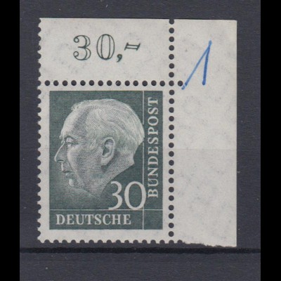 Bund 259w Eckrand rechts oben Bundespräsident Theodor Heuss 30 Pf postfrisch