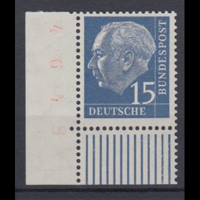 Bund 184y Eckrand links unten Theodor Heuss 15 Pf postfrisch fuoresz. Papier
