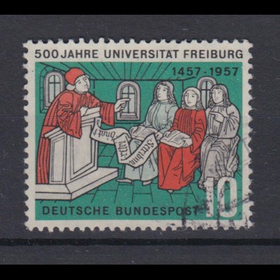 Bund 256 II mit Plattenfehler 500 Jahre Universität Freiburg 10 Pf gestempelt