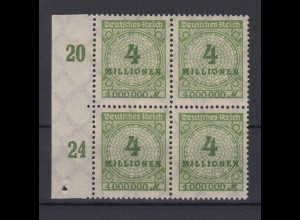 Deutsches Reich 316 AP mit Seitenrand links 4er Block Ziffern Kreis 4 Mio M **