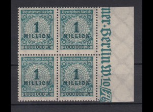 Deutsches Reich 314 AP mit Seitenrand rechts 4er Block Ziffern 1 Mio M ** /1
