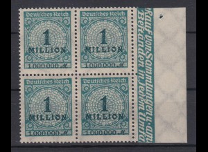 Deutsches Reich 314 AP mit Seitenrand rechts 4er Block Ziffern 1 Mio M ** /2