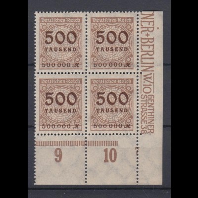 Deutsches Reich 313 AP Eckrand rechts unten 4er Block Pl.Nr. 7 500 Tsd M **/1