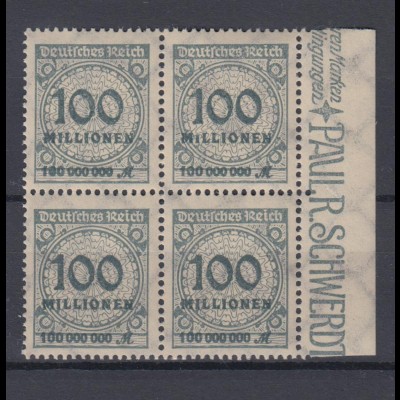 Deutsches Reich 322 AP mit Seitenrand rechts 4er Block Ziffern 100 Mio M **/2