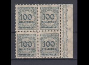 Deutsches Reich 322 AP mit Seitenrand rechts 4er Block Ziffern 100 Mio M **/3