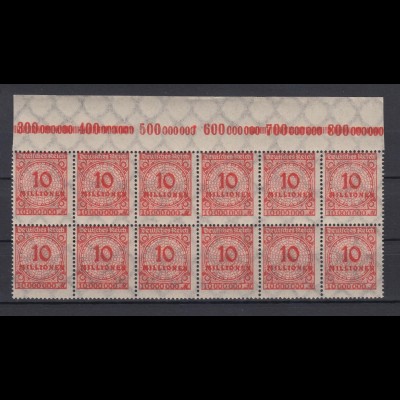 Deutsches Reich 318 AP 12er Bl. Oberrand 2x Plf. + Verzähnung Ziffern 10 Mio ** 