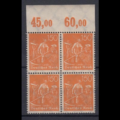 Deutsches Reich 189 mit Oberrand 4er Block Schnitter 150 Pf postfrisch /1