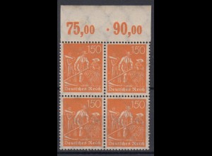 Deutsches Reich 189 mit Oberrand 4er Block Schnitter 150 Pf postfrisch /2
