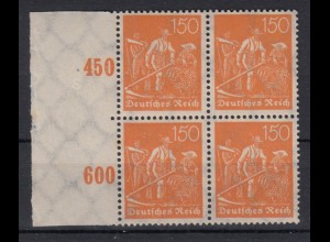 Deutsches Reich 189 mit Seitenrand links 4er Block Schnitter 150 Pf postfrisch 
