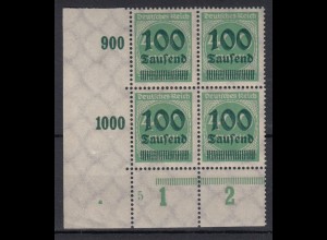 Deutsches Reich 290 Eckrand li.u. 4er Bl + Pl.Nr. 5 Ziffern 100 Tsd auf 400 M** 