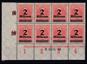 Deutsches Reich 312 A Eckrand HAN 8er Block + PL.Nr. 1 2 Mio auf 5000 M ** /2