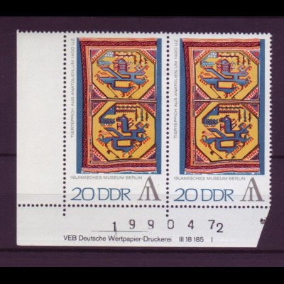 DDR 1787 Druckvermerk im Paar Briefmarkenaus. Interartes Berlin 20 Pf postfrisch