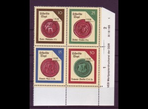 DDR 3156-3159 Druckvermerk Eckrand rechts unten 4er Block Historische Siegel **