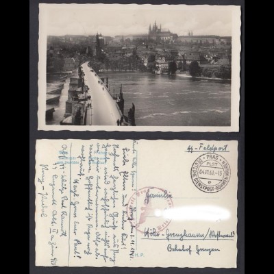Ansichtskarte Feldpost Prag Karlsbrücke und Hradschingestempelt 1941