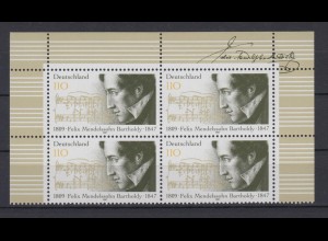 Bund 1953 Eckrand oben 4er Block Felix Mendelssohn Bartholdy 110 Pf postfrisch