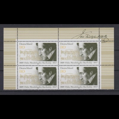 Bund 1953 Eckrand oben 4er Block Felix Mendelssohn Bartholdy 110 Pf postfrisch